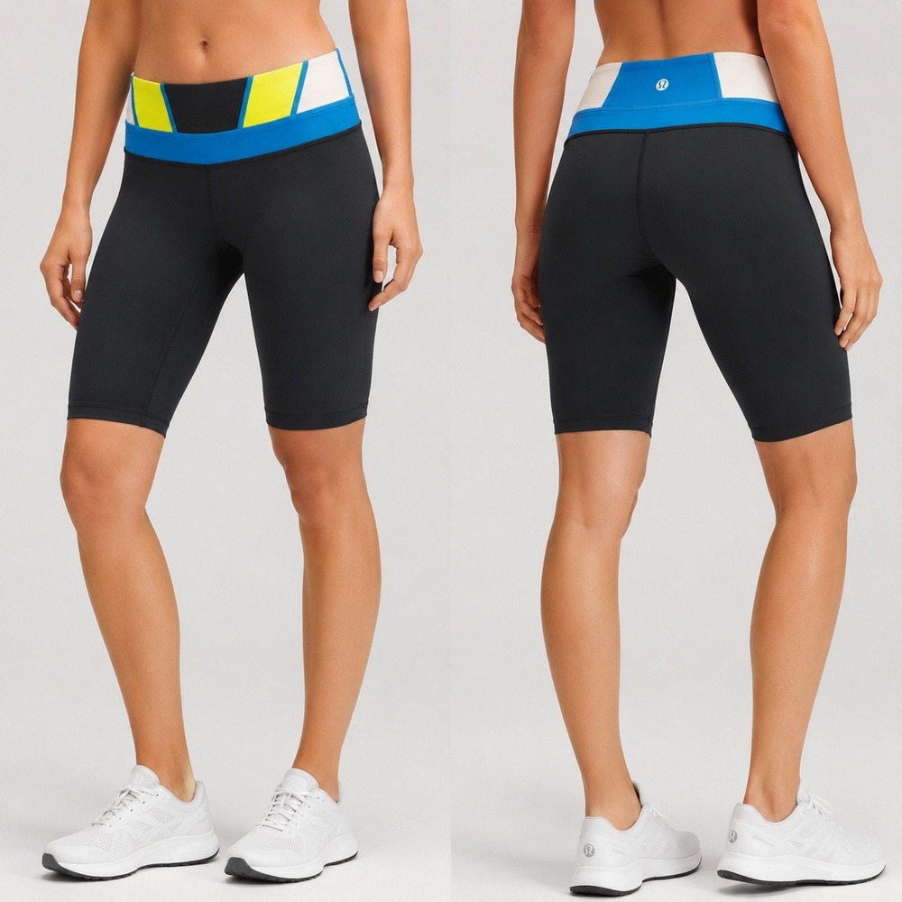 Lululemon Colorblock Bike Shorts Womens Size 6 Tall Black Blue Yellow Yoga